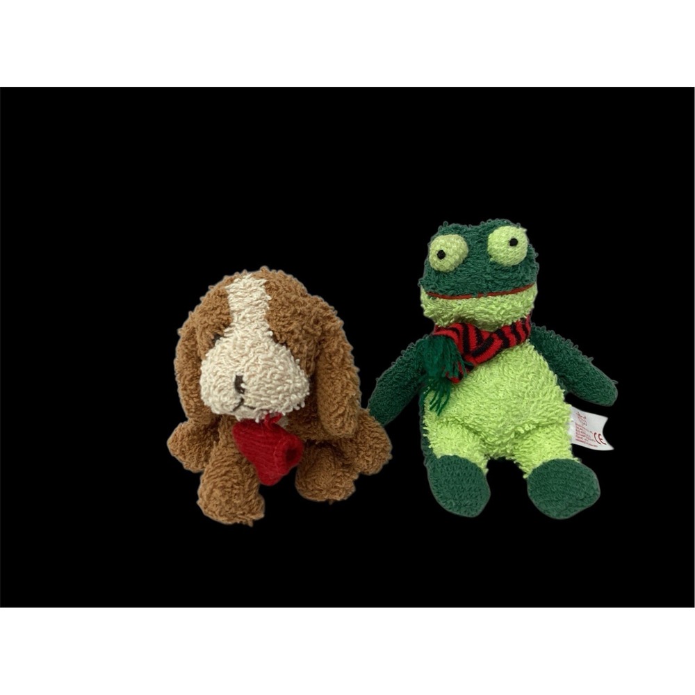 Russ Miniature Terrycloth Frog & Puppy Red Mitten Striped Scarf  3"